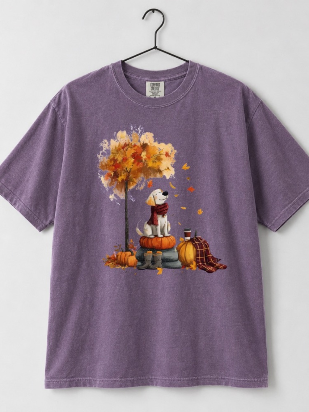 Comfort Colors Lavender Dog Pumpkin and Tree Fall Season Vibe Graphic Tee - Picture 2 of 3